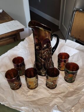 Northwood  amethyst purple oriental poppy carnival glass pitcher and 6 glasses